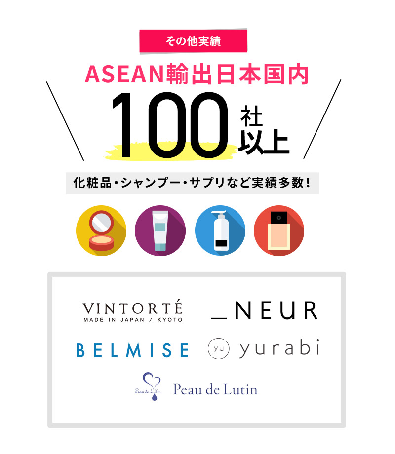 ASEAN輸出日本国内100社以上！化粧品・シャンプー・サプリなど実績多数！