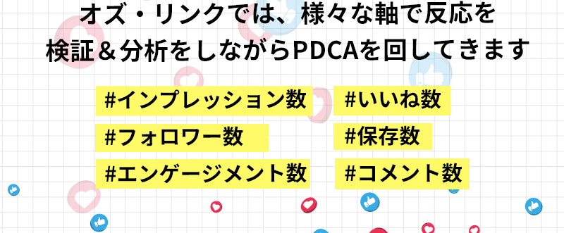 オズ・リンクでは、様々な軸で反応を検証＆分析をしながらPDCAを回してきます #インプレッション数 #いいね数 #フォロワー数 #保存数 #エンゲージメント数 #コメント数