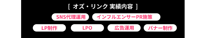 オズ・リンク実績内容：SNS代理運用、インフルエンサーPR施策、LP制作、LPO、広告運用、バナー制作
