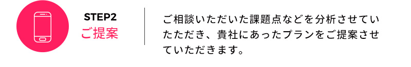 STEP2 ご提案 ご相談いただいた課題点などを分析させていたただき、貴社にあったプランをご提案させていただきます。