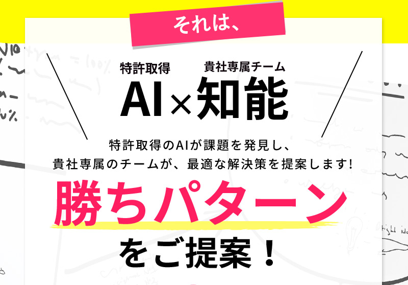 それは「特許取得AI × 貴社専属チーム知能」で勝ちパターンをご提案！特許取得のAIが課題を発見し、貴社専属のチームが、最適な解決策を提案します!