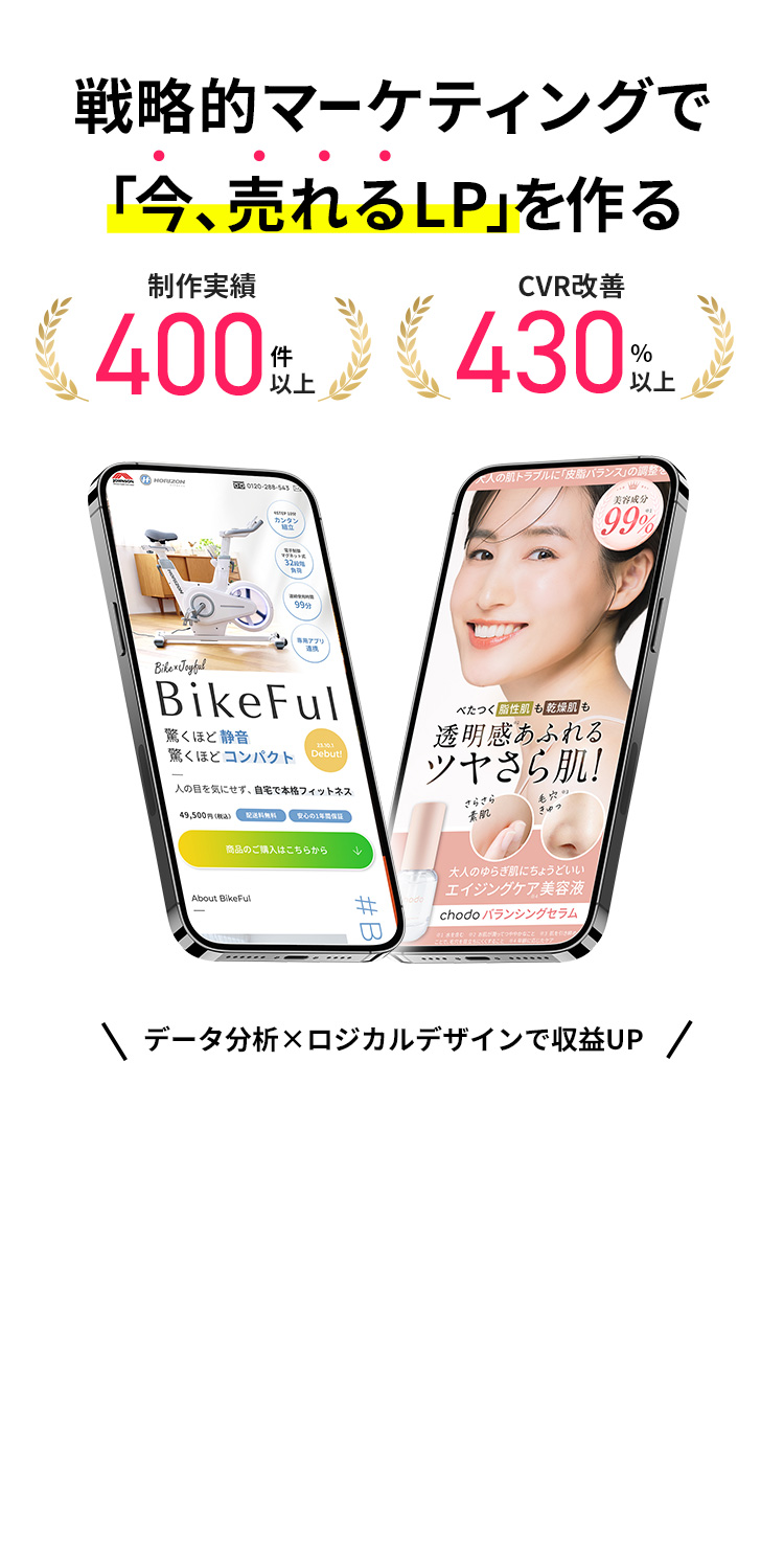 データ分析×ロジカルデザインでマーケティングのプロが「今、売れるLP」をご提案 お客様満足度No.1の実績 制作・改善実績400件以上 CVR改善実績430%以上 成果が出なければ即改善PDCA